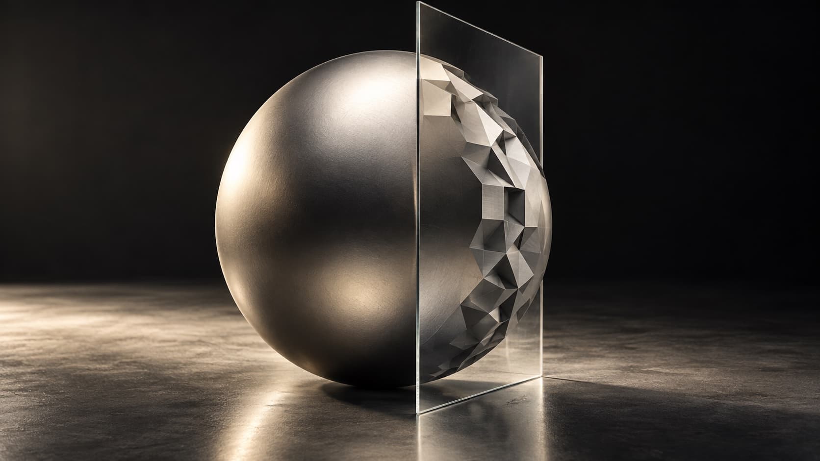 A metal sphere with smooth and faceted surfaces divided by glass