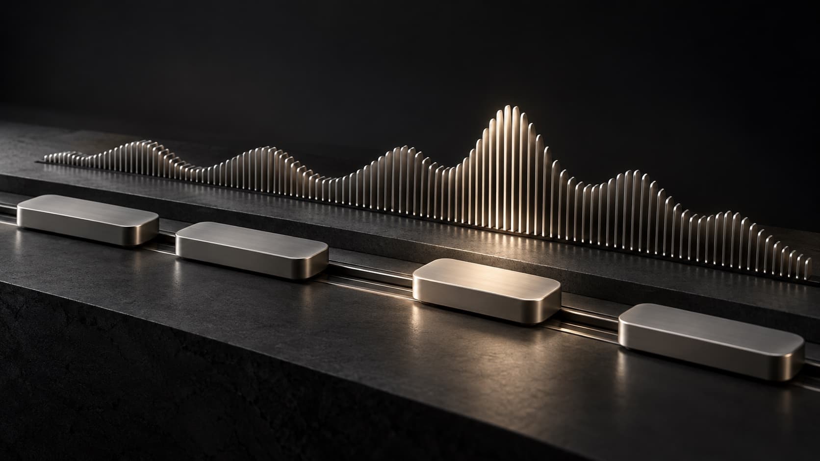 Metal caption bars aligned beside an audio waveform