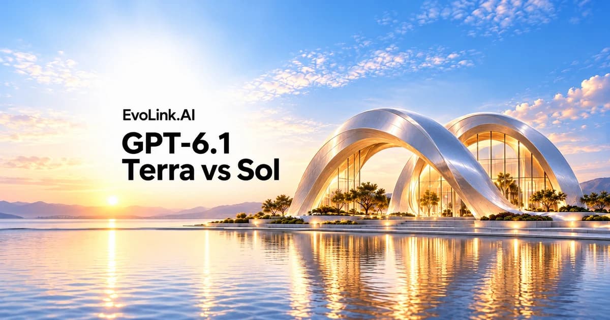 Silver arches and golden light illustrate GPT-6.1 Terra versus Sol