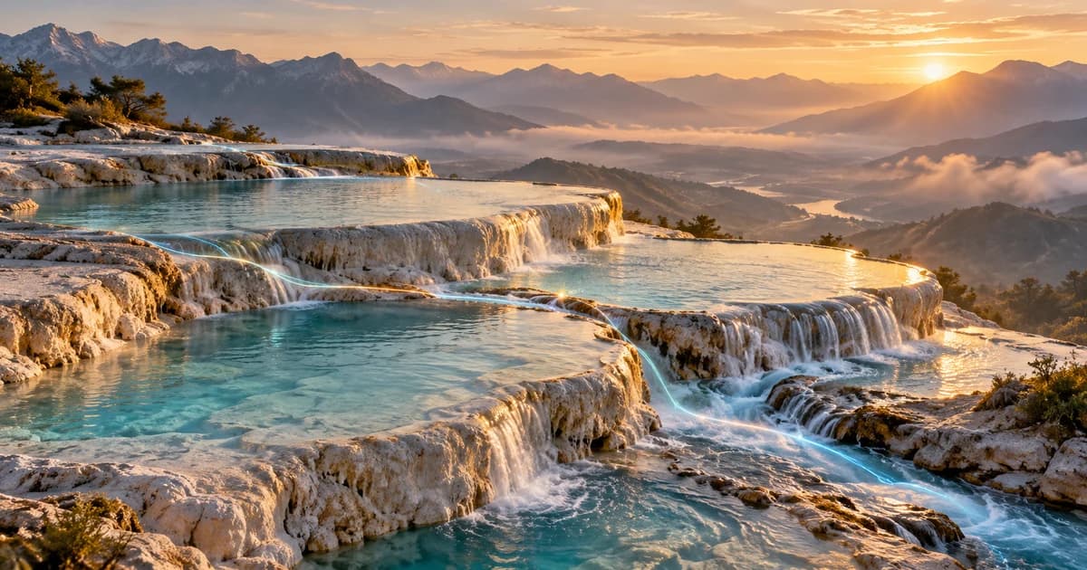 Terraced limestone mineral pools at dawn, with subtle cyan and warm-gold light paths converging along the water to evoke token costs and cache reuse