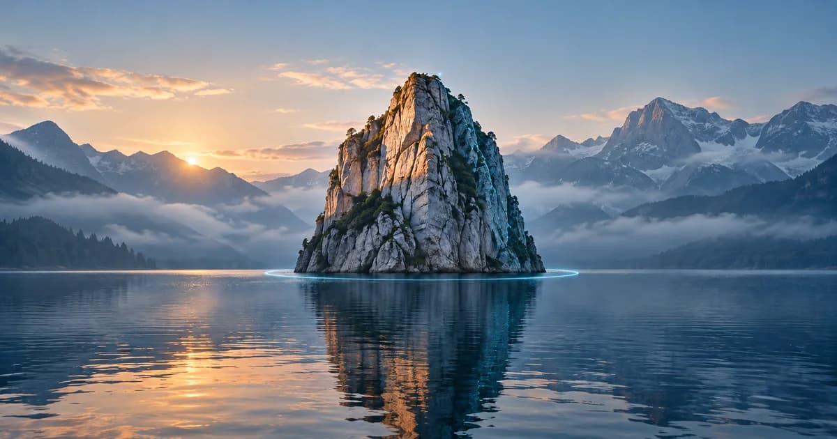 A solitary alpine lake peak with a delicate cyan scanning mesh and light ring