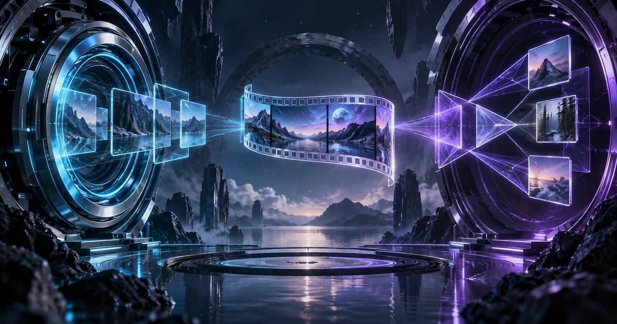 Kling 4.0 Flash editorial concept: Two futuristic video gateways surrounding a shared glass film strip.