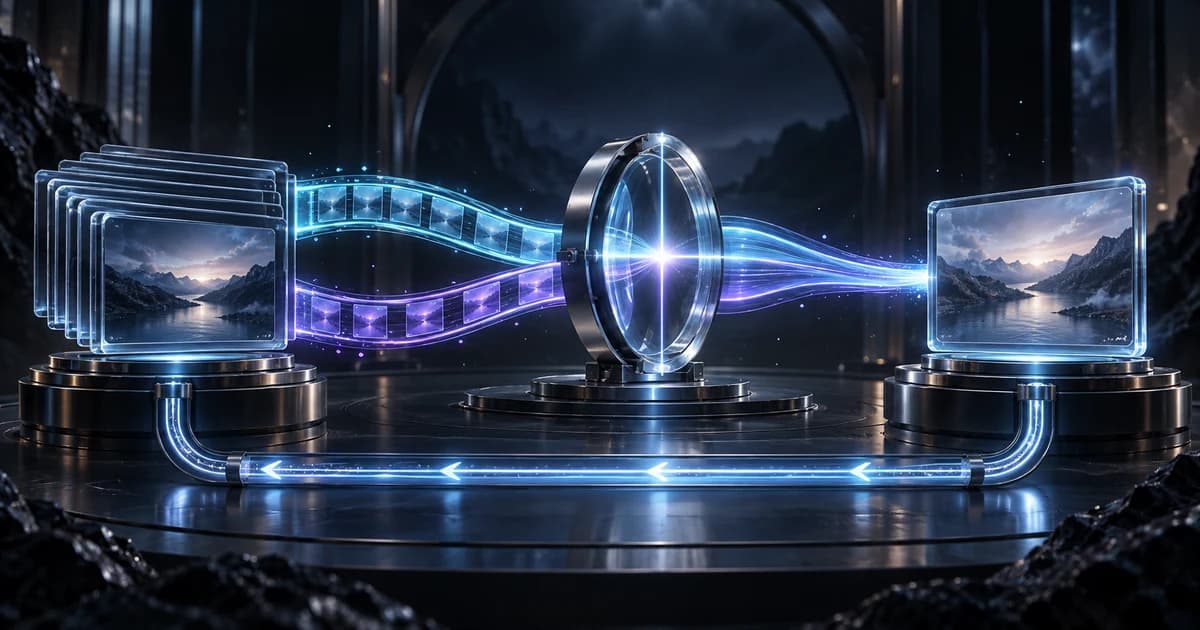 Kling 4.0 Flash evaluation: Parallel optical paths compare video frames with a return loop for rollback.