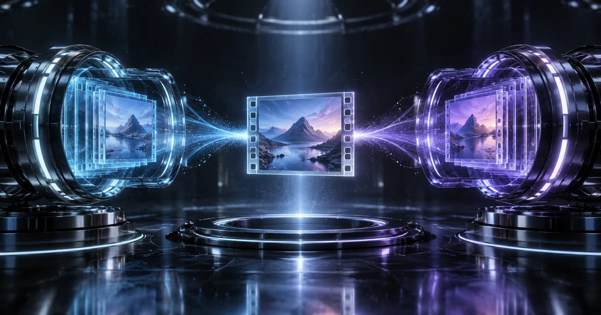 Kling 4.0 Flash editorial concept: Two equally weighted cyan and violet video cores connected by an optical bridge.