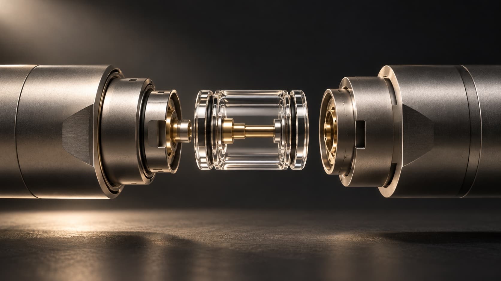 Two metal connectors aligned with a transparent adapter
