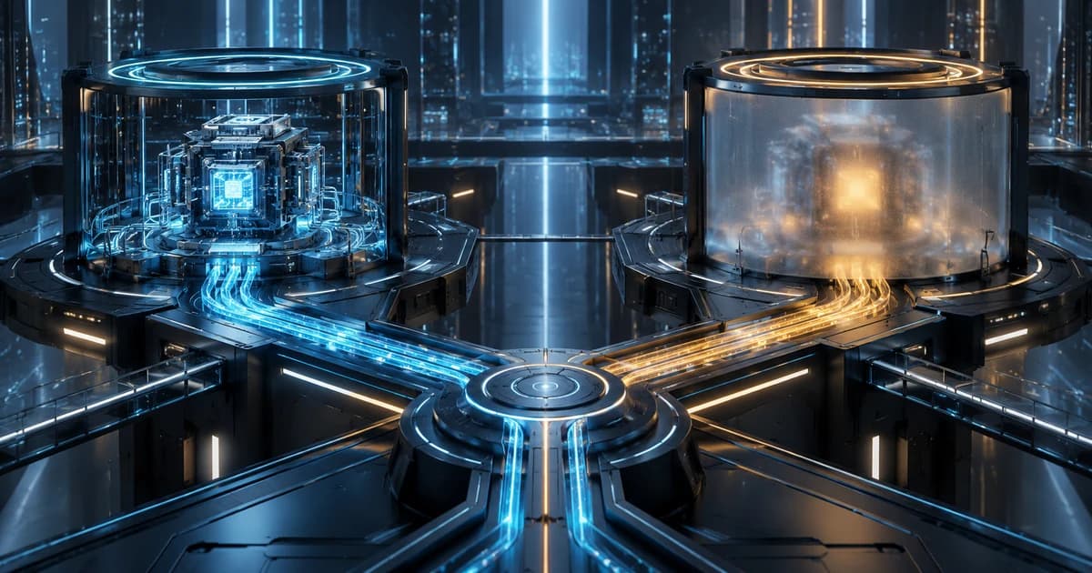 Two futuristic computation cores connected to a shared routing junction for Fable 5.5 and Opus 5.5 evaluation