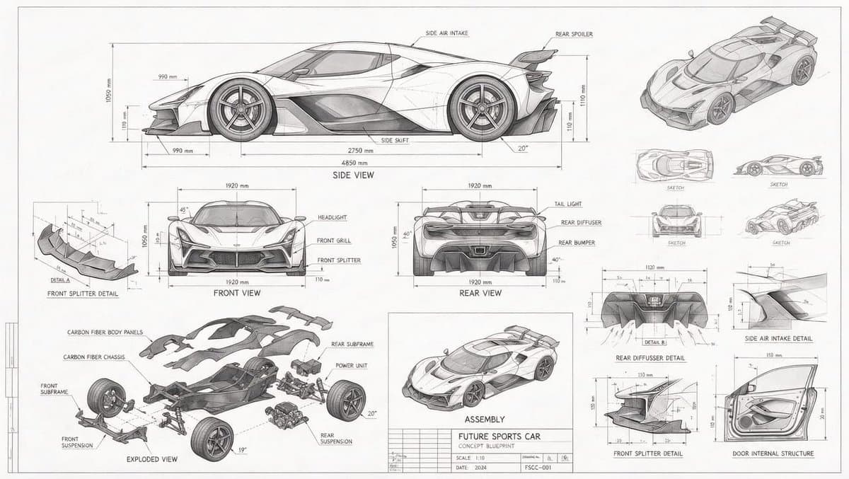 Seedream 5.0 Pro concept car technical blueprint with exploded views