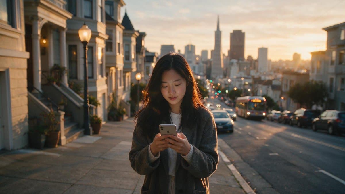 Seedream 5.0 Pro natural phone photo of a woman in San Francisco at sunset