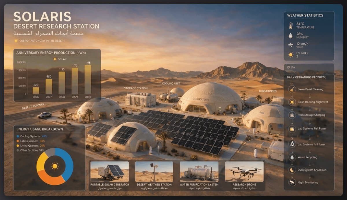 Seedream 5.0 Pro concept art of a solar-powered desert research station