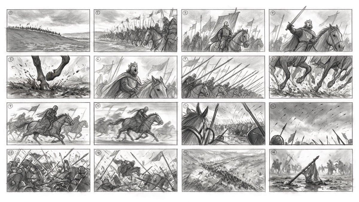 Seedream 5.0 Pro 16-panel cavalry charge storyboard from a single prompt