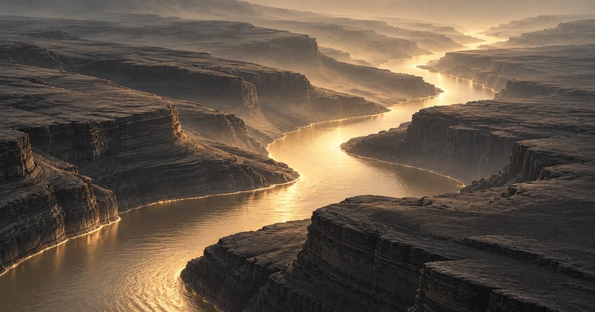 Rock canyon and branching river illustrating Kimi K3.1 Pro and K3 workload selection