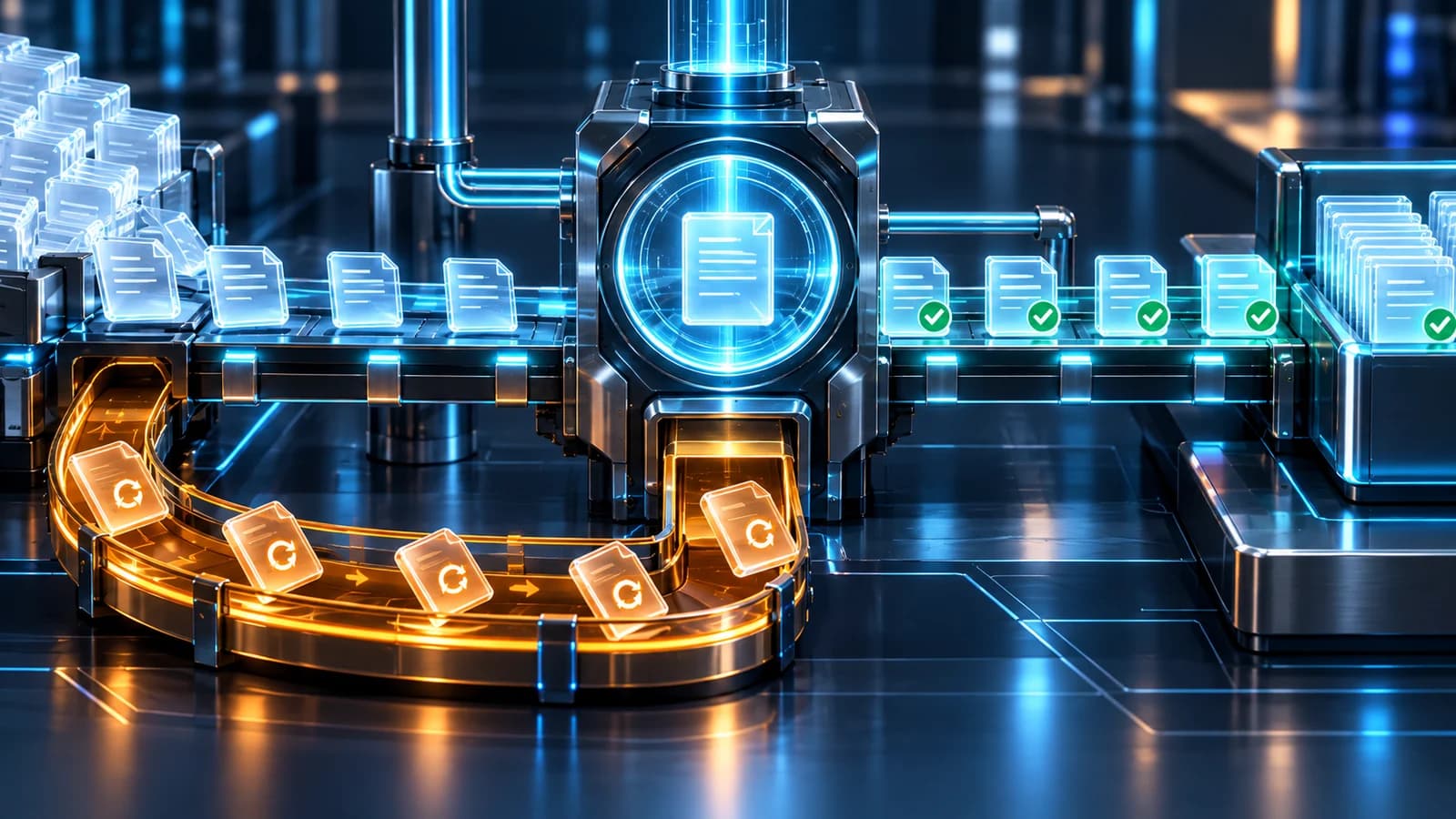 Leuchtende Datenpakete durchlaufen einen Prüfkern; eine bernsteinfarbene Wiederholungsschleife veranschaulicht die Kosten pro erfolgreicher Aufgabe.