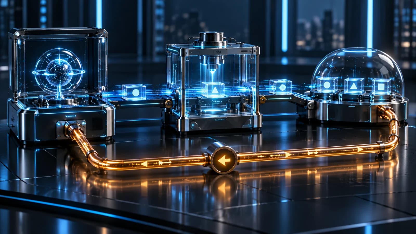Des modules de calcul en verre représentent la référence conservée, les tests isolés et le déploiement limité, reliés par un chemin lumineux de retour arrière.