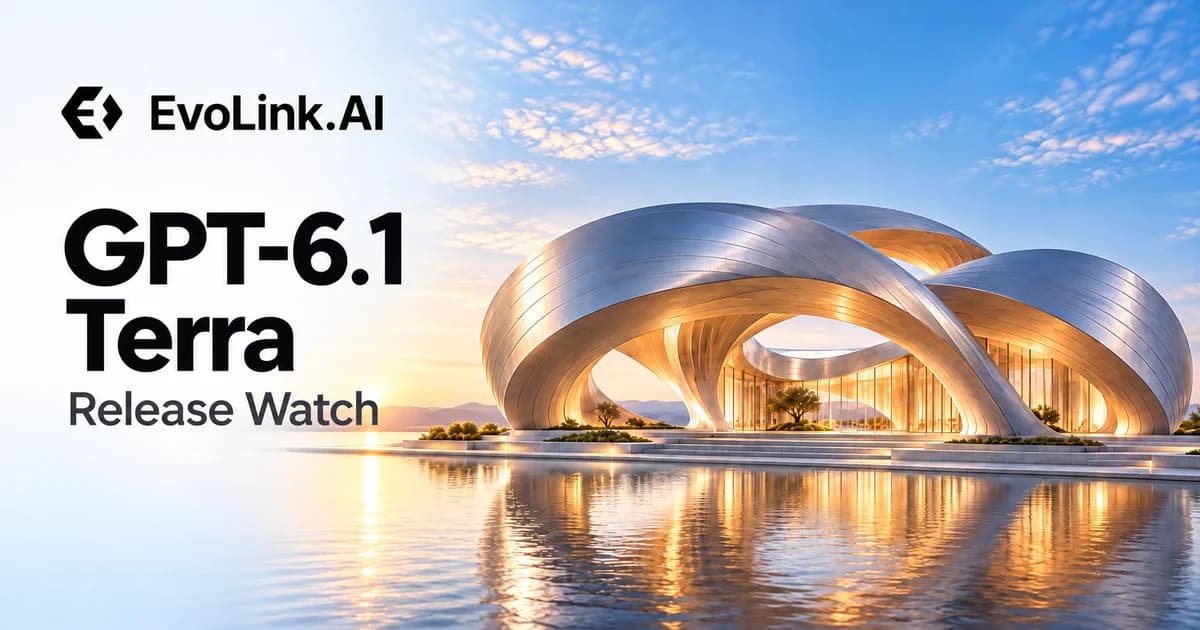 GPT-6.1 Terra Release Watch with the EvoLink logo and a futuristic silver building