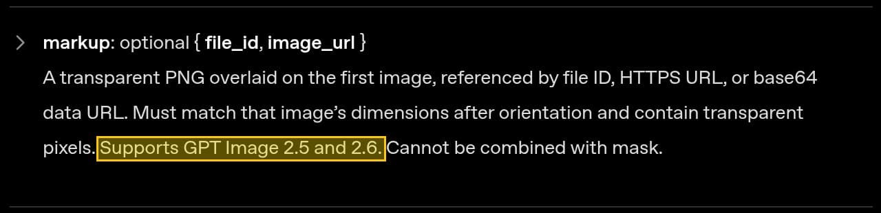 Screenshot of the markup description mentioning GPT Image 2.5 and 2.6
