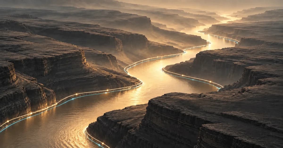 Río dorado en un cañón con sutiles senderos luminosos en sus orillas