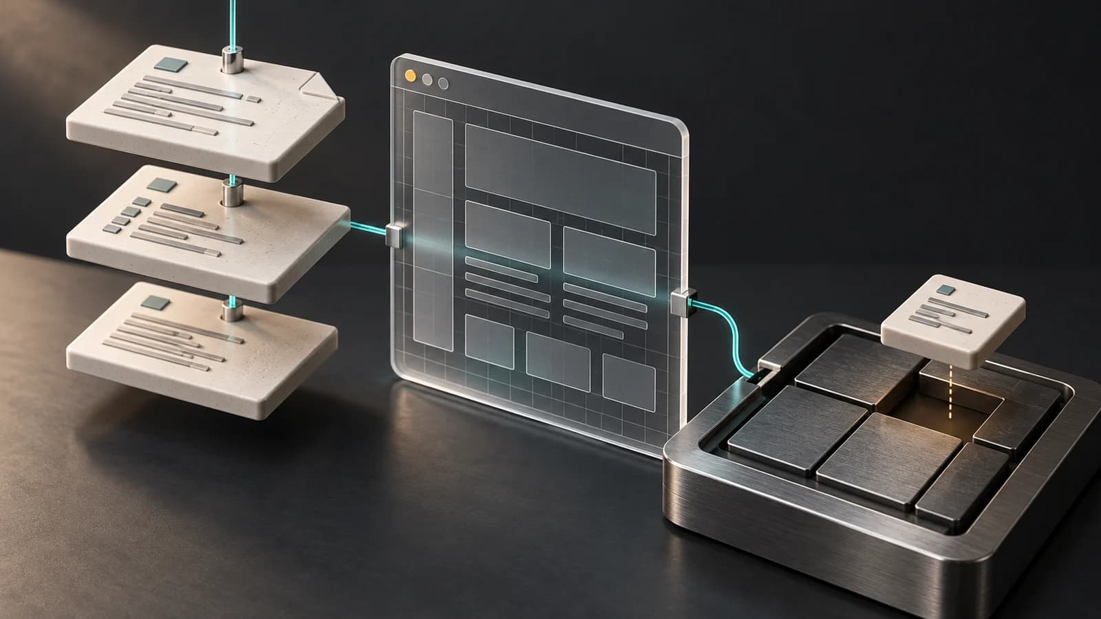 Repository layers, a browser frame and a focused patch represented as an engineering sculpture