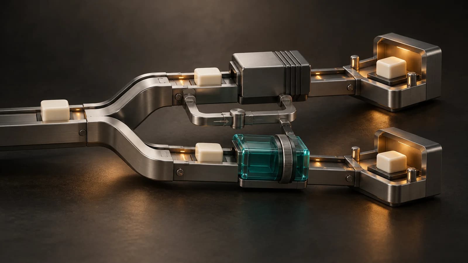 Identical tasks follow two model paths with matched inspection points and a reversible connection