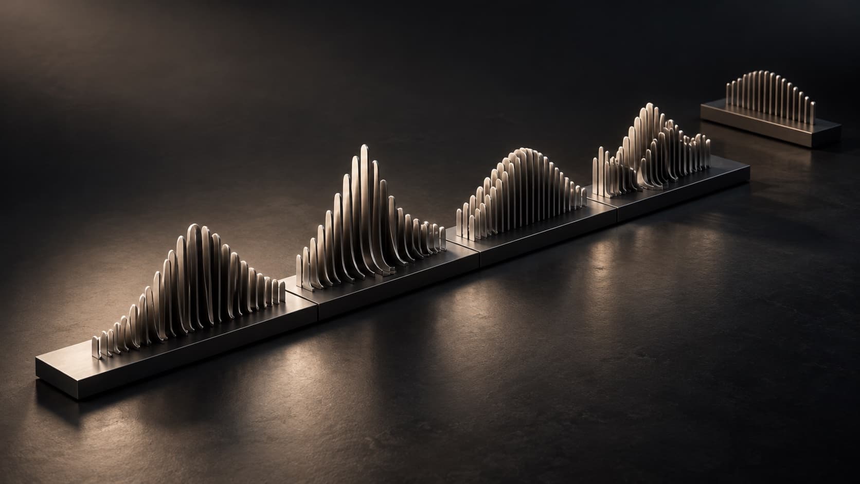 Separate metal waveform segments arranged along a rail