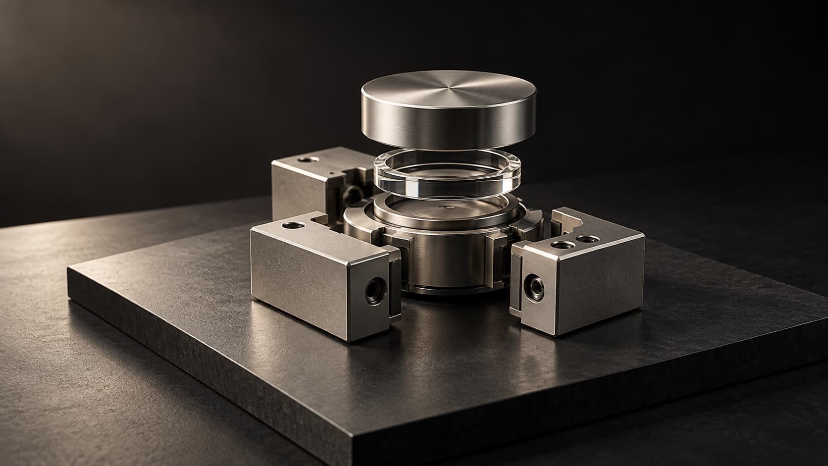 An exploded assembly of precision metal interaction components