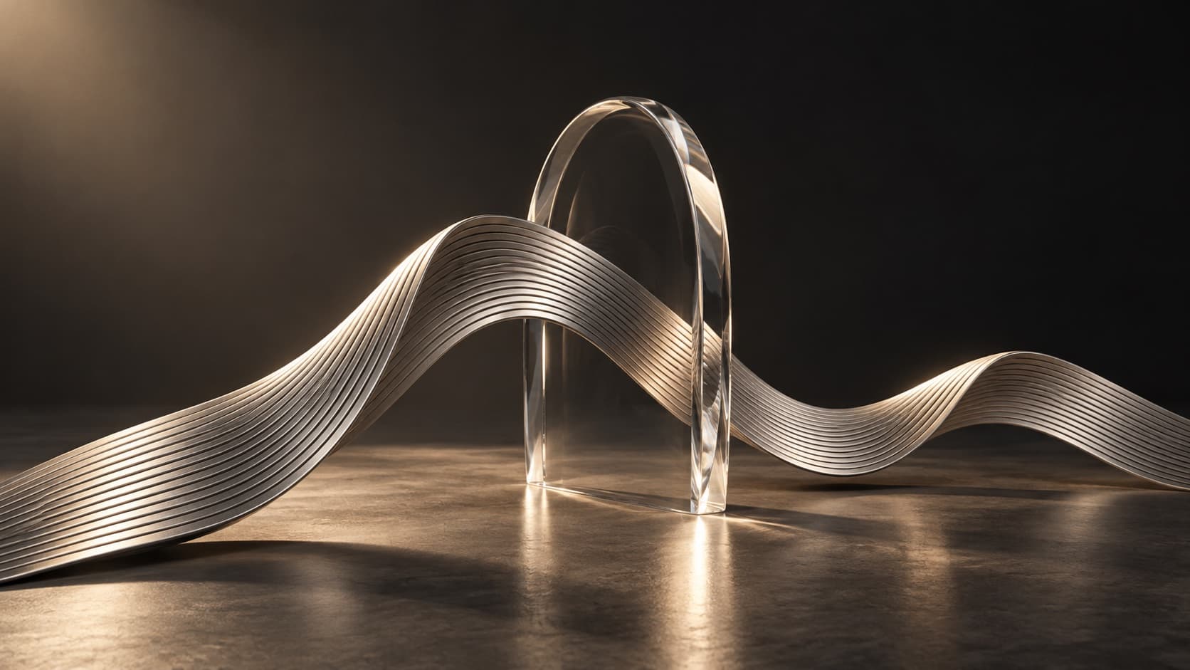 A continuous ribbed metal ribbon passing through a glass arch