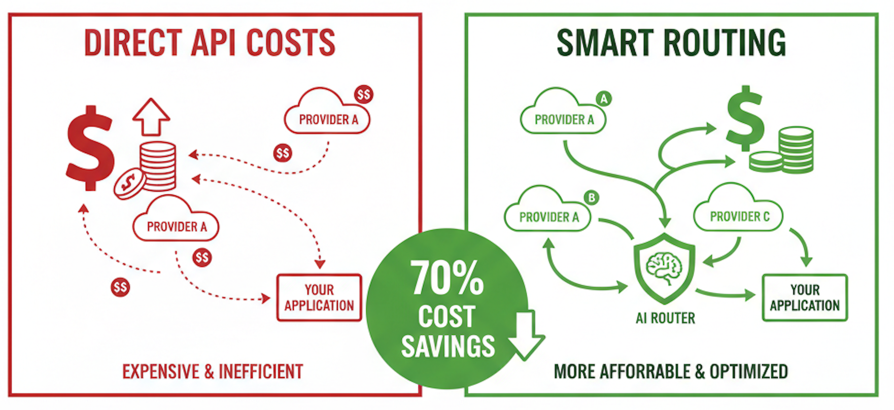 Direct API Costs vs Smart Routing - 70% Cost Savings Comparison