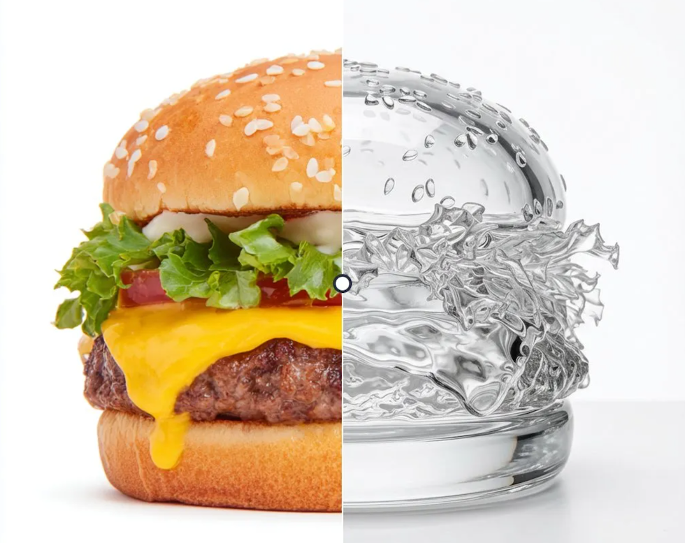 Nano Banana 2's creative glass hamburger concept showing exceptional material rendering