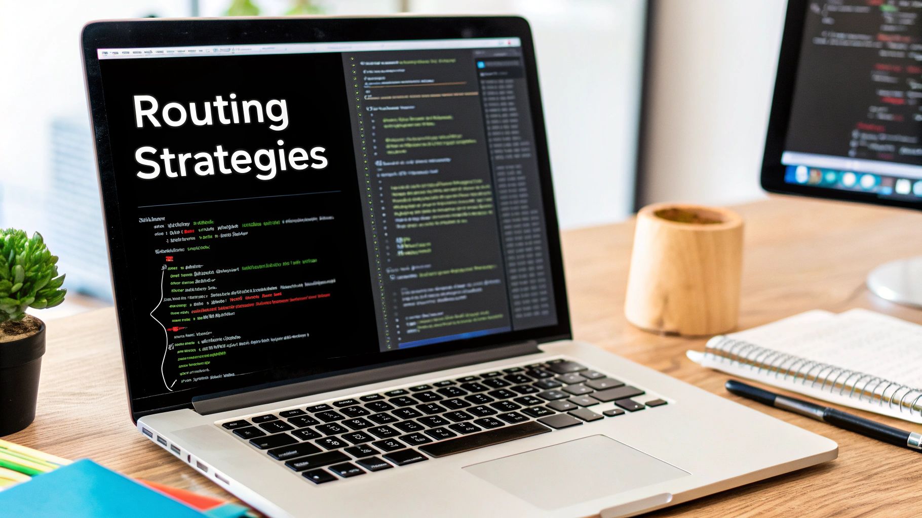 An illustration of a network operations center with monitors displaying server icons and arrows, representing the practical routing strategies being implemented.